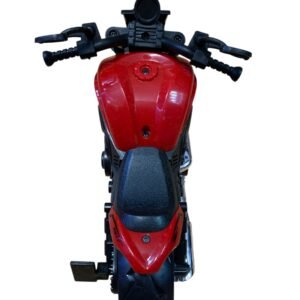 A collection of three high-quality simulation motorcycle toys in red, blue, and yellow with realistic engine details and friction-powered wheels.