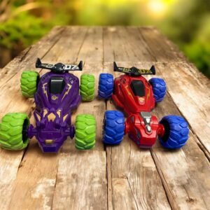 A retail display box filled with assorted dinosaur-themed stunt cars in red, blue, and yellow with oversized 4WD tires and 360-degree flip capabilities.