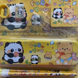 9-piece Disney Sofia the First stationery set in pink packaging featuring a metal pencil case, spiral notebook, pencils, sharpener, eraser, and white board marker.