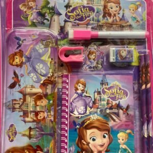 9-piece Disney Sofia the First stationery set in pink packaging featuring a pencil case, spiral notebook, pencils, sharpener, eraser, and marker.