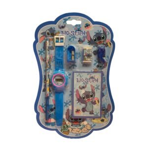 Disney Lilo and Stitch themed 6-piece stationery set in blue packaging featuring a digital wristwatch, pencil, notebook, eraser, and sharpener.