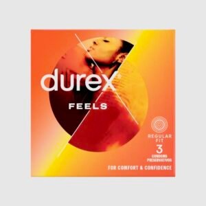A small 3-pack box of Durex Feels ultra-thin condoms, featuring the blue and silver packaging.