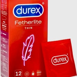 A red box of Durex Fetherlite Thin condoms containing 12 ultra-thin, lubricated natural rubber latex condoms.