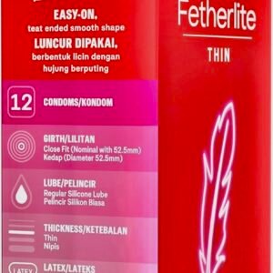A red box of Durex Fetherlite Thin condoms containing 12 ultra-thin, lubricated natural rubber latex condoms.