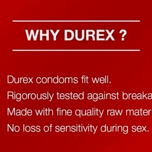 A red box of Durex Fetherlite Thin condoms containing 12 ultra-thin, lubricated natural rubber latex condoms.
