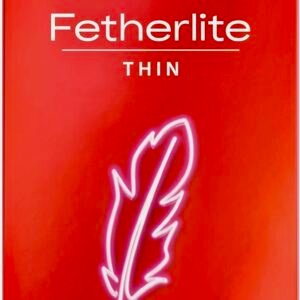 A red box of Durex Fetherlite Thin condoms containing 12 ultra-thin, lubricated natural rubber latex condoms.