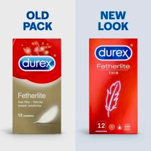 A red box of Durex Fetherlite Thin condoms containing 12 ultra-thin, lubricated natural rubber latex condoms, new and old package comparison.