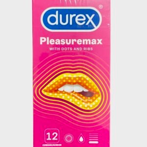 A box of Durex Pleasuremax condoms (12 pack) showing the textured dots and ribs design on the packaging.