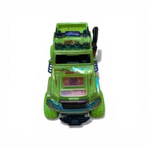 Top view of a green high-speed electric toy car featuring gilded metallic accents, red textured monster truck tires, and realistic racing decals.