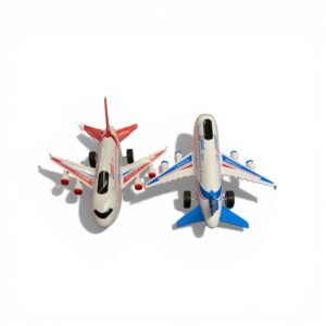 Two Haotong 3D Lights and Friction airplane toys in red and blue with realistic engine details, designed for kids aged 3 and up.