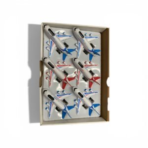 A wholesale display box containing six Haotong friction-powered airplane toys in red and blue colors, suitable for ages 3 and up.