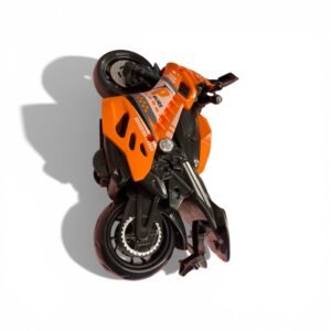 A realistic red Haoyi friction-powered toy motorcycle with black and silver engine details, racing decals, and high-traction rubber-style tires.
