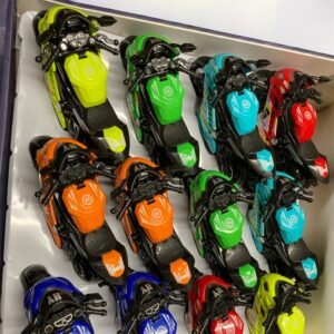 A realistic red Haoyi friction-powered toy motorcycle with black and silver engine details, racing decals, and high-traction rubber-style tires.