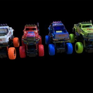 Four high-speed electric music car toys in white, red, blue, and neon green with gilded paint accents, oversized textured tires, and inertia drive.