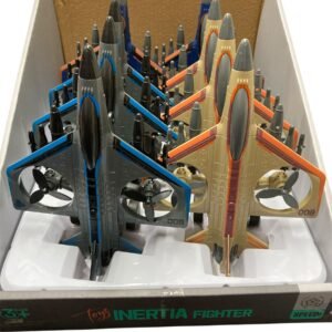 A retail box containing multiple Inertia Fighter toys in gray, blue, and tan colors with "Push and Go" inertia power.