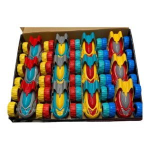 A retail display box filled with 12 inertia-powered off-road toy cars in assorted colors including red, grey, teal, and yellow with chunky blue, red, and yellow tires.