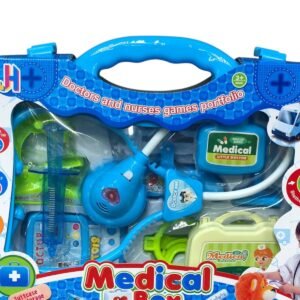 Blue children's medical toy set including a blue toy stethoscope, a transparent blue syringe, and a "Little Doctor" medical case.