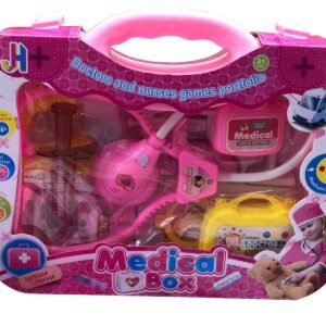 Pink toy medical kit in a carry case featuring a toy stethoscope, syringe, thermometer, and medicine bottles for role-play