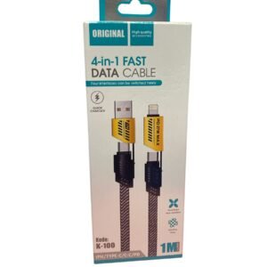A 1-meter black K-100 data cable with interchangeable heads for Lightning, USB-C, and PD connections.