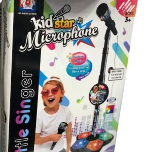 Kid Star Microphone set in a retail box, featuring a stand-up microphone, an MP3-compatible base with colorful light-up pedals, and a boy singer graphic.