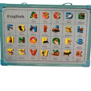 An educational English alphabet board for children featuring letters A to Z with corresponding pictures, phonetic pronunciations, and a teal frame.