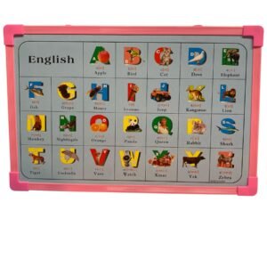 An educational English alphabet board for children featuring letters A to Z with corresponding pictures, phonetic pronunciations, and a teal frame.