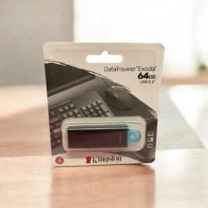 A Kingston DataTraveler Exodia 64GB USB 3.2 Gen 1 flash drive featuring a black body and a teal protective cap loop.