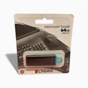 A Kingston DataTraveler Exodia 64GB USB 3.2 Gen 1 flash drive featuring a black body and a teal protective cap loop.