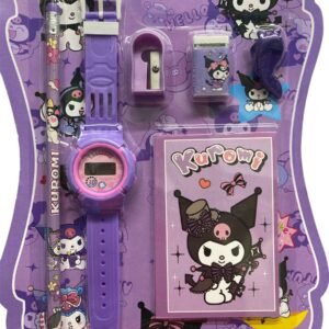 Kuromi Sanrio themed stationery and accessory gift set in purple packaging including a digital watch, pencil, notebook, eraser, and sharpener.