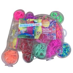 A bear-shaped clear plastic storage case filled with colorful assorted loom bands, including a small crochet hook, slingshot, and S-clips.