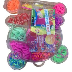 A bear-shaped clear plastic storage case filled with colorful assorted loom bands, including a small crochet hook, slingshot, and S-clips.