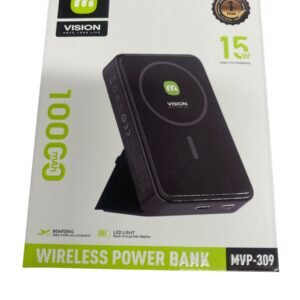 A black MAP-309 portable power bank with a circular wireless charging icon on the surface, charging a smartphone without cables.