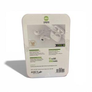 A pair of white MV10i wireless earbuds sitting next to their 250mAh compact charging case.