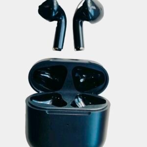 A pair of black MV10i wireless earbuds sitting next to their 250mAh compact charging case.