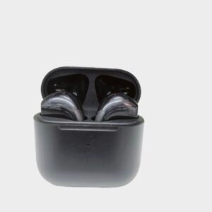 A pair of black MV10i wireless earbuds sitting next to their 250mAh compact charging case.