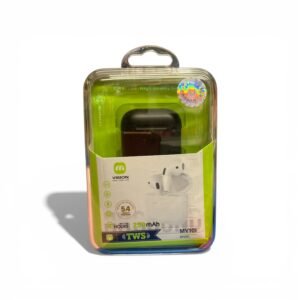 A pair of black MV10i wireless earbuds sitting next to their 250mAh compact charging case.