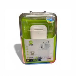 A pair of white MV10i wireless earbuds sitting next to their 250mAh compact charging case.