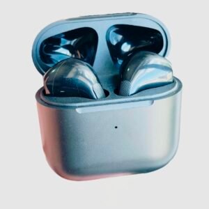 A pair of black MV10i wireless earbuds sitting next to their 250mAh compact charging case.