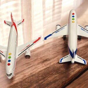 Two Nile Airbus friction-powered toys, one with red wing details and one with blue, displayed on a wooden surface to show the color options.