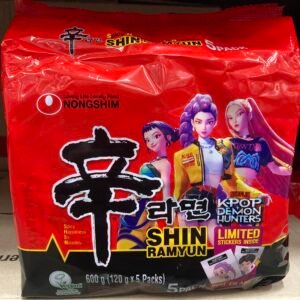 Home Front view of a 5-pack of Nongshim Shin Ramyun Limited Edition K-Pop Demon Hunters spicy instant noodles featuring Netflix characters and vegan certification.