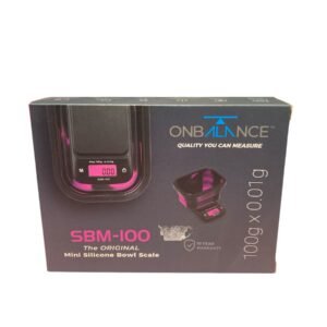 A pink OBSCALES SAM-100 digital mini scale with a protective silicone cover showing a 0.01g precision reading.