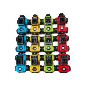 A retail display box containing 12 assorted inertia-powered off-road toy cars in vibrant red, teal, yellow, and grey colors.