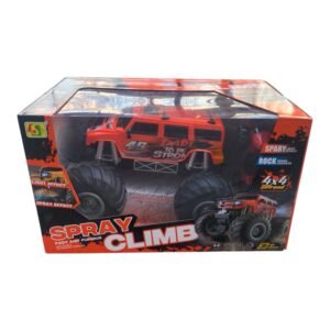 A rugged off-road RC rock climbing car with high-traction tires, bright LED headlights, and a realistic water mist spray exhaust effect for all-terrain play.