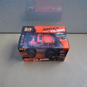 A rugged off-road RC rock climbing car with high-traction tires, bright LED headlights, and a realistic water mist spray exhaust effect for all-terrain play.