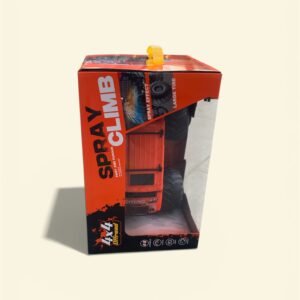 A rugged off-road RC rock climbing car with high-traction tires, bright LED headlights, and a realistic water mist spray exhaust effect for all-terrain play.