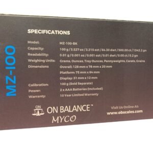 A black and silver On Balance MYCO MZ-100 digital mini scale showing an accurate 0.01g reading on a digital LCD screen.