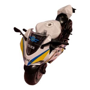 A realistic white and blue alloy police motorcycle toy with "Police" decals, featuring pressure-activated LED lights, siren sounds, and a pull-back rebound motor.