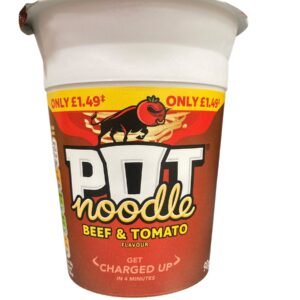 Home Front view of a brown and red Pot Noodle Beef and Tomato flavour cup with a bull and tomato illustration and a £1.49 price mark.