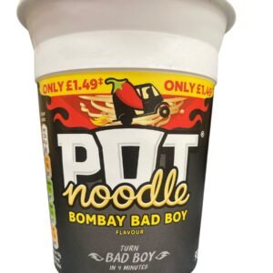 Home Front view of a black and red Pot Noodle Bombay Bad Boy spicy flavour cup with a chili pepper illustration and £1.49 price mark.