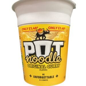 Home Front view of a green and yellow Pot Noodle Chicken and Mushroom flavour cup with a Price Marked Pack label of £1.49